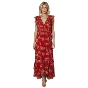 All Saints Dela Jasmine Red Floral True Wrap Midi Dress Ruffle US 8